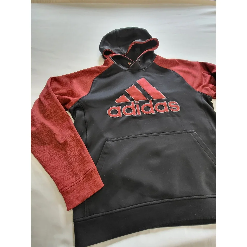 Adidas Climawarm Hoodie Mens Medium Black Red Pullover Sweatshirt Logo Raglan